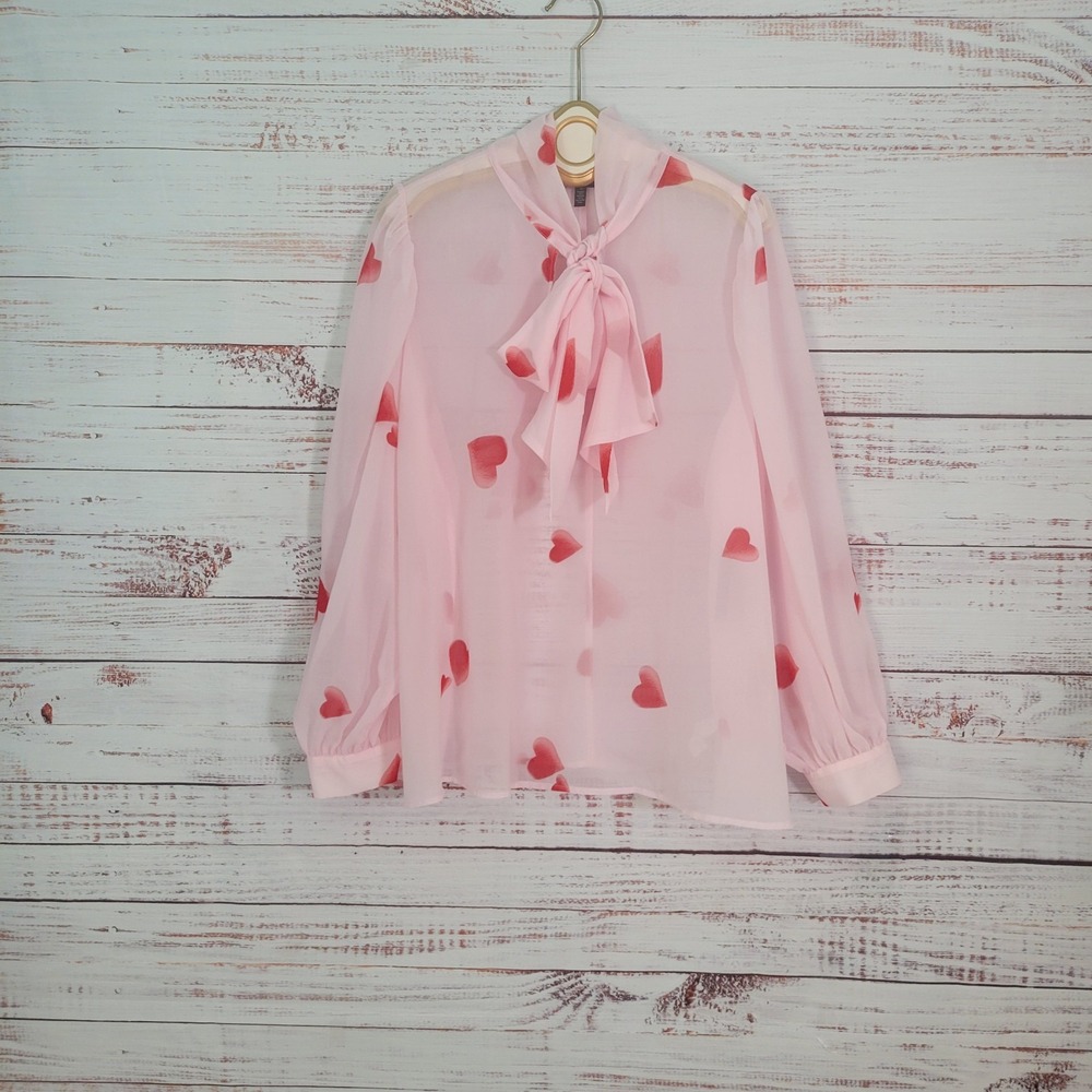 NWT Eloquii Sheer Tie Neck Pink Hearts Blouse 22 Career Colorful